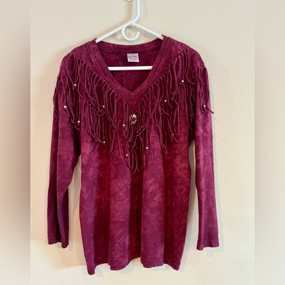Western Fringe 100 % Cotton Long Sleeve Top Women’s Size Medium Purple